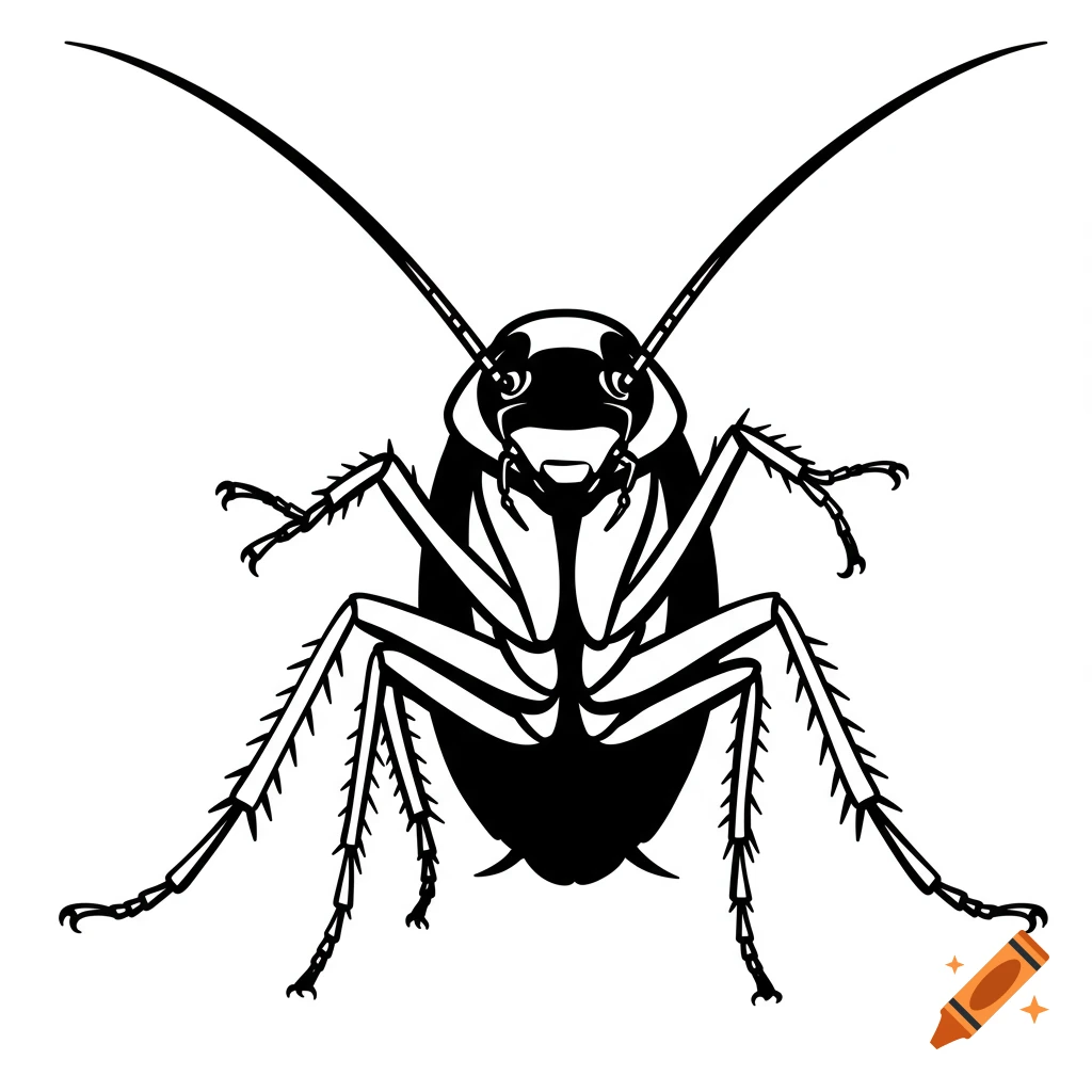 A stylized black and white illustration of a cockroach.