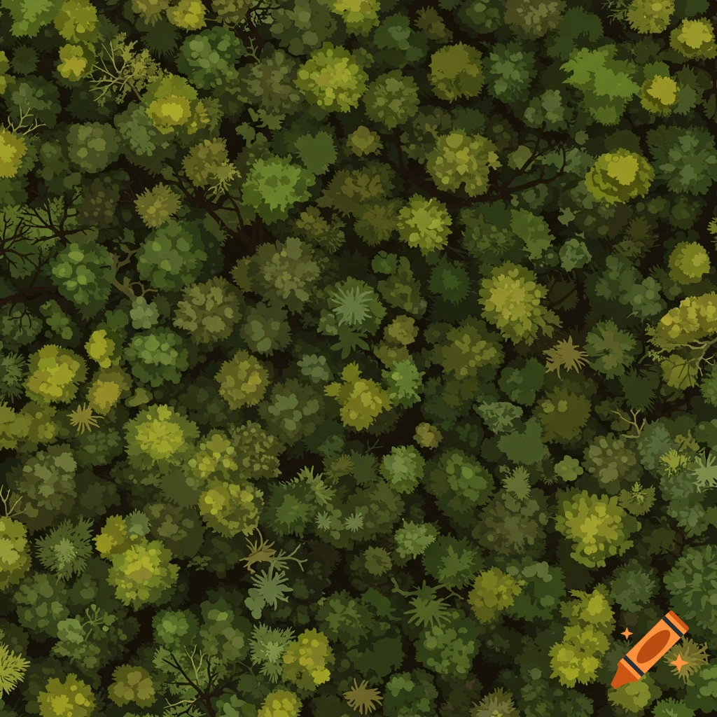 A top-down vector illustration of a forest canopy with various green trees.