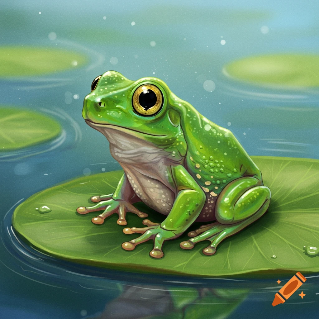 A green frog sits on a lily pad in a pond.