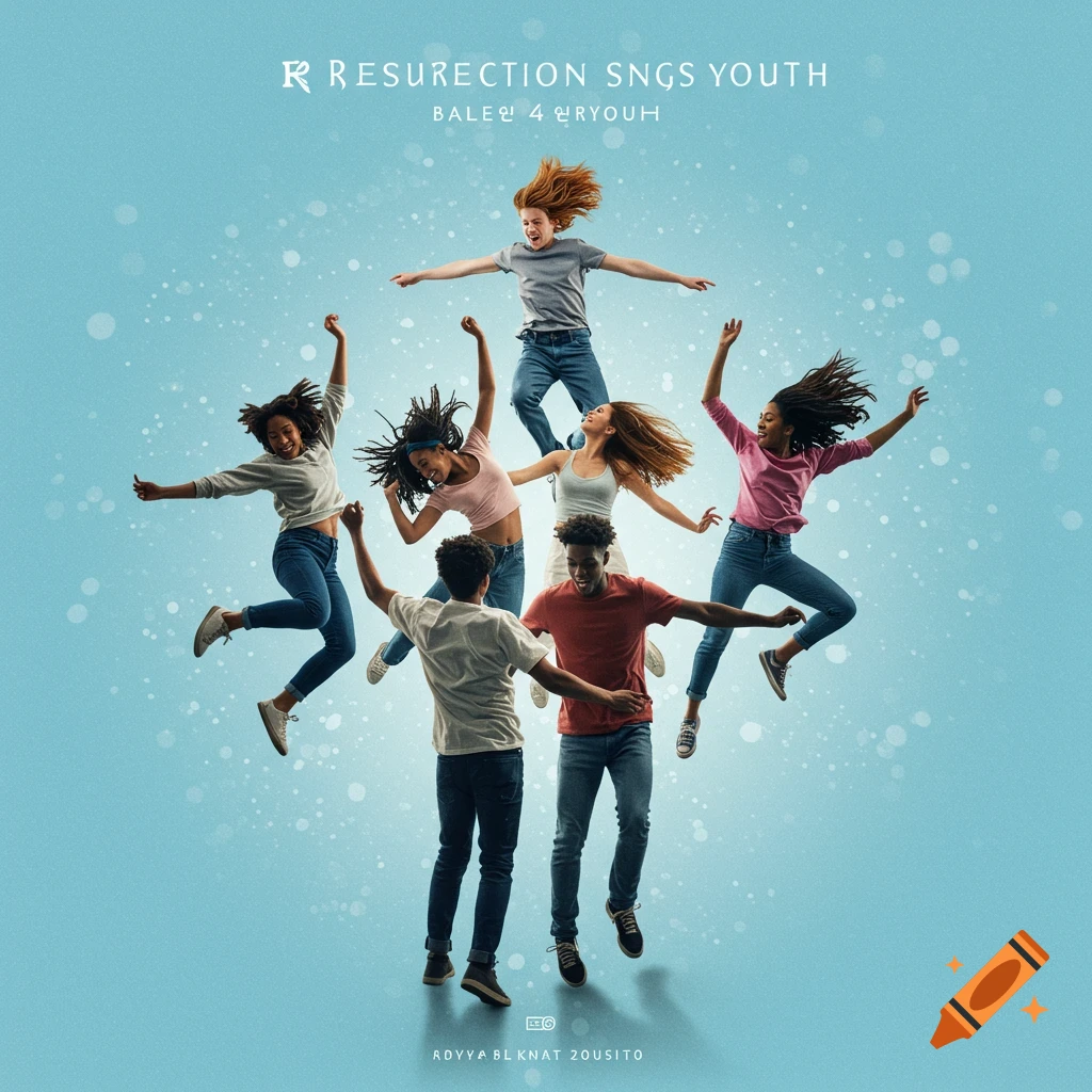 Group of diverse young people jumping and dancing against a light blue background with paint splatters.