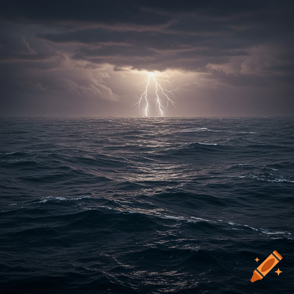 Stormy ocean with lightning striking the water under dark clouds.