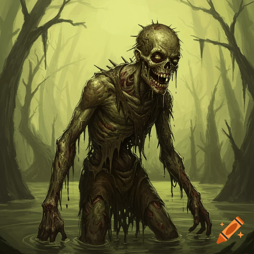 A grotesque zombie wading in a murky swamp.