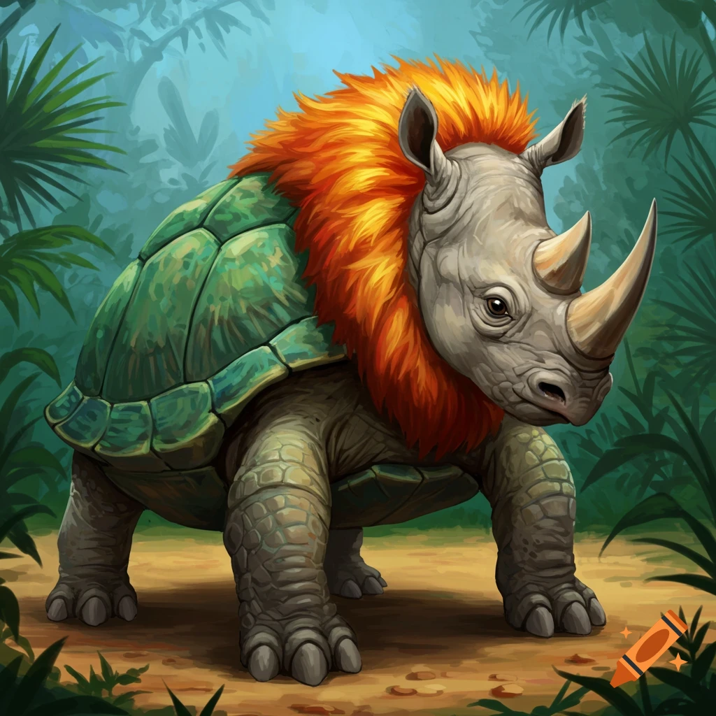 A fantasy creature with a turtle body, rhino head, and lion's mane stands in a jungle.