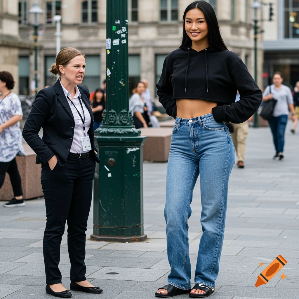 A tall woman in a cropped black hoodie and jeans smiles while a woman in a black suit looks on angrily in a street.