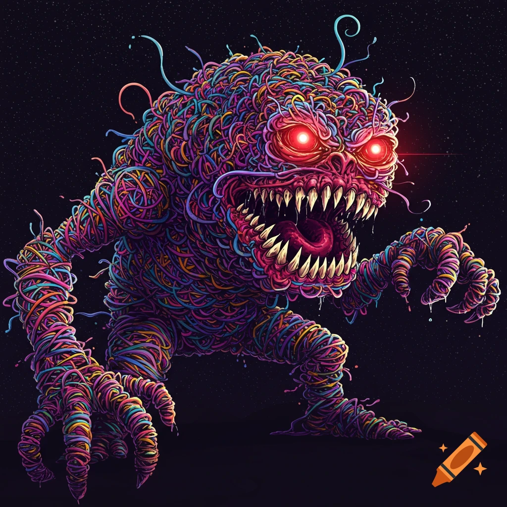 A colorful monster made of tangled rubber bands with glowing red eyes and sharp teeth, digital art.