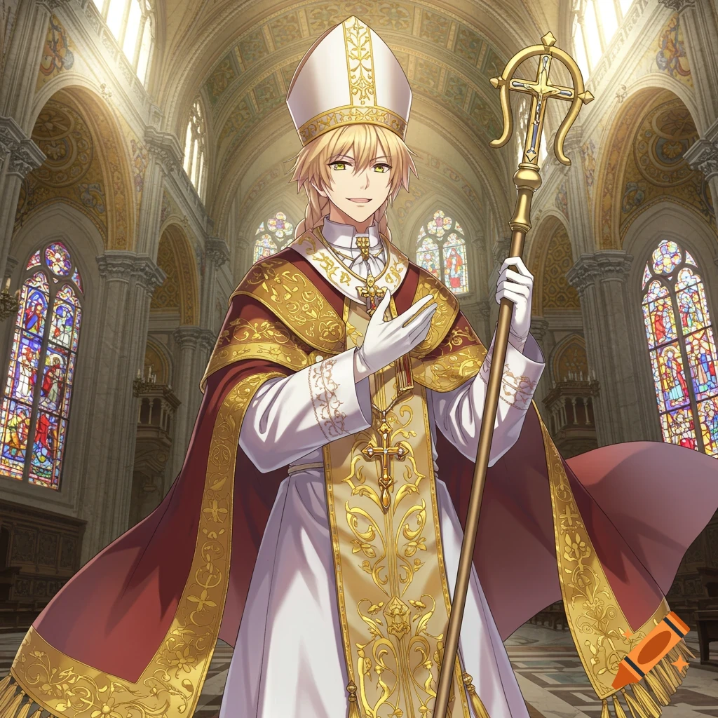 Anime character dressed as a pope, holding a staff in a cathedral with stained glass windows.