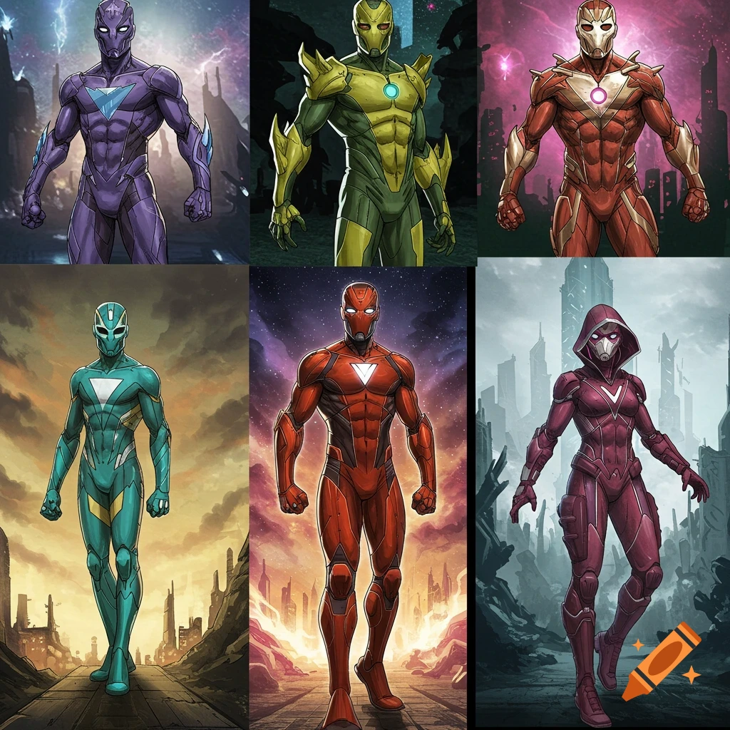 Six comic book style illustrations of full-body original superhero suits in futuristic and ruined cityscapes.