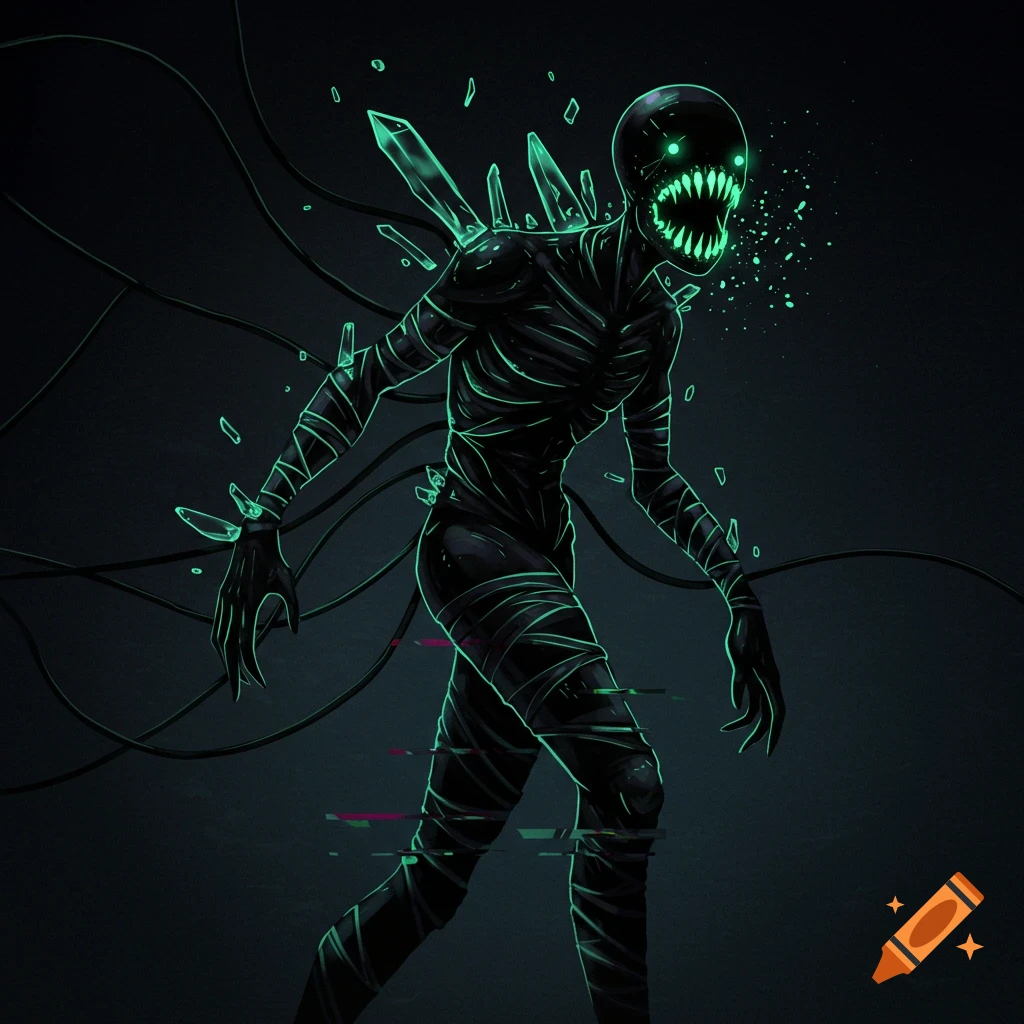Dark creature with glowing green eyes and teeth, wrapped in cables and crystal shards.