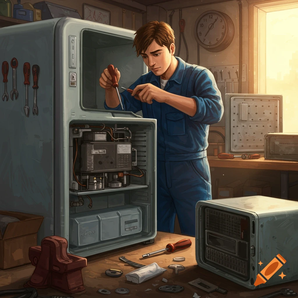 A man repairing an appliance in a workshop.