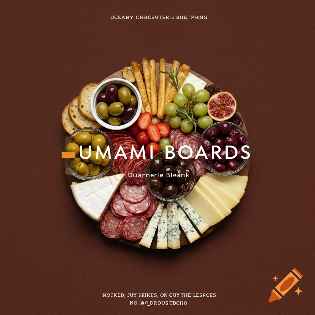 An overhead view of a charcuterie board featuring various cheeses, meats, fruits, olives, breadsticks, and bread slices on a brown background, with the text 'UMAMI BOARDS' overlaid.