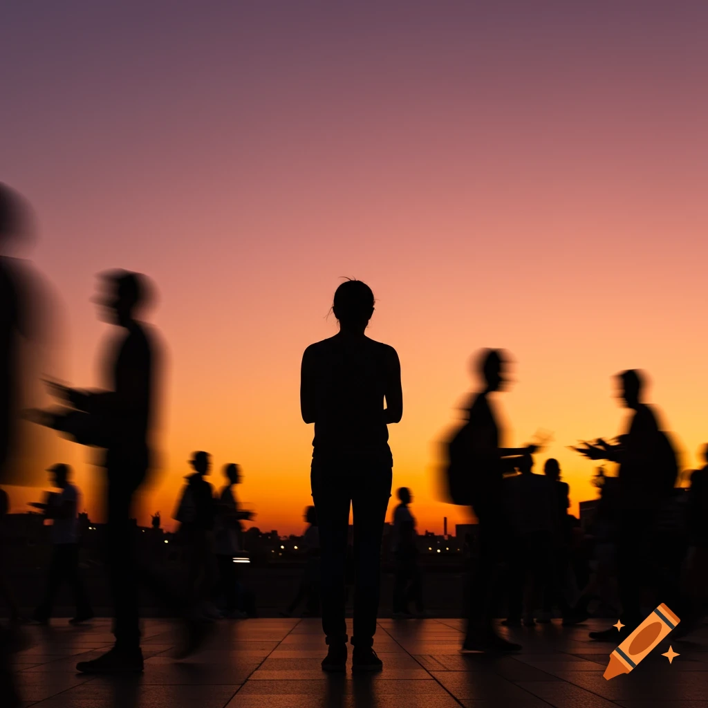 Silhouette of a person standing still in front of a crowd moving with motion blur during sunset.