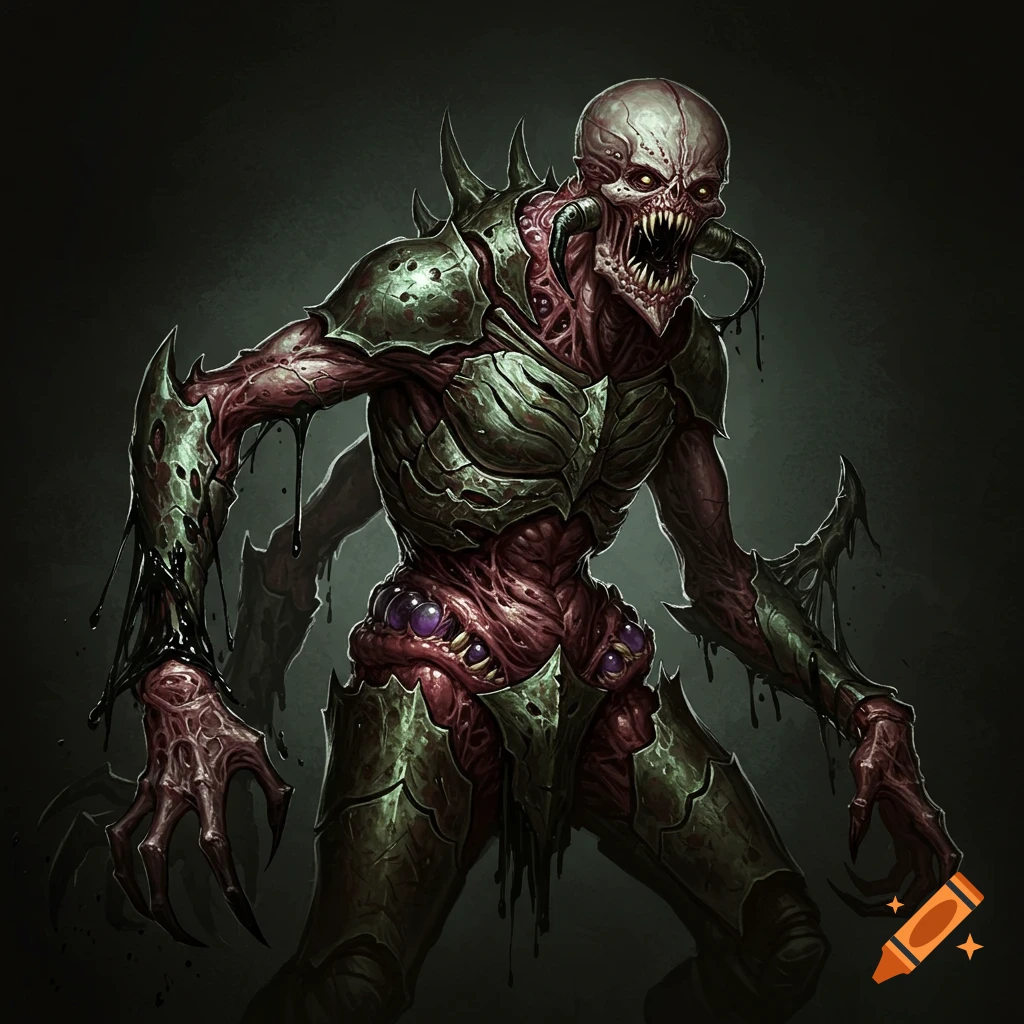 A grotesque fantasy horror creature with armored plates and exposed flesh
