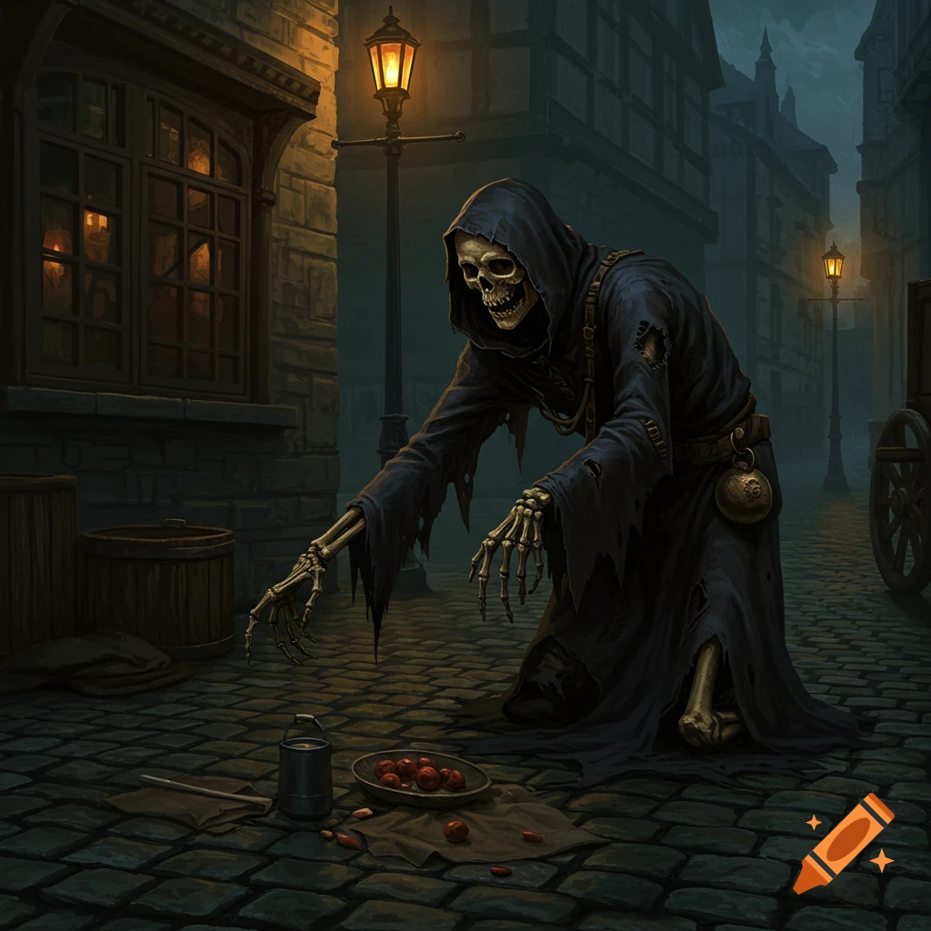 A skeleton in a dark hooded cloak begs for food on a cobblestone street at night.