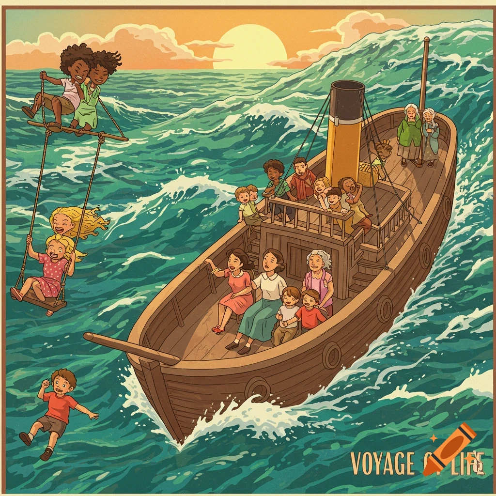Digital illustration of many people on a boat sailing through choppy seas at sunset, with some children swinging on swings over the water.