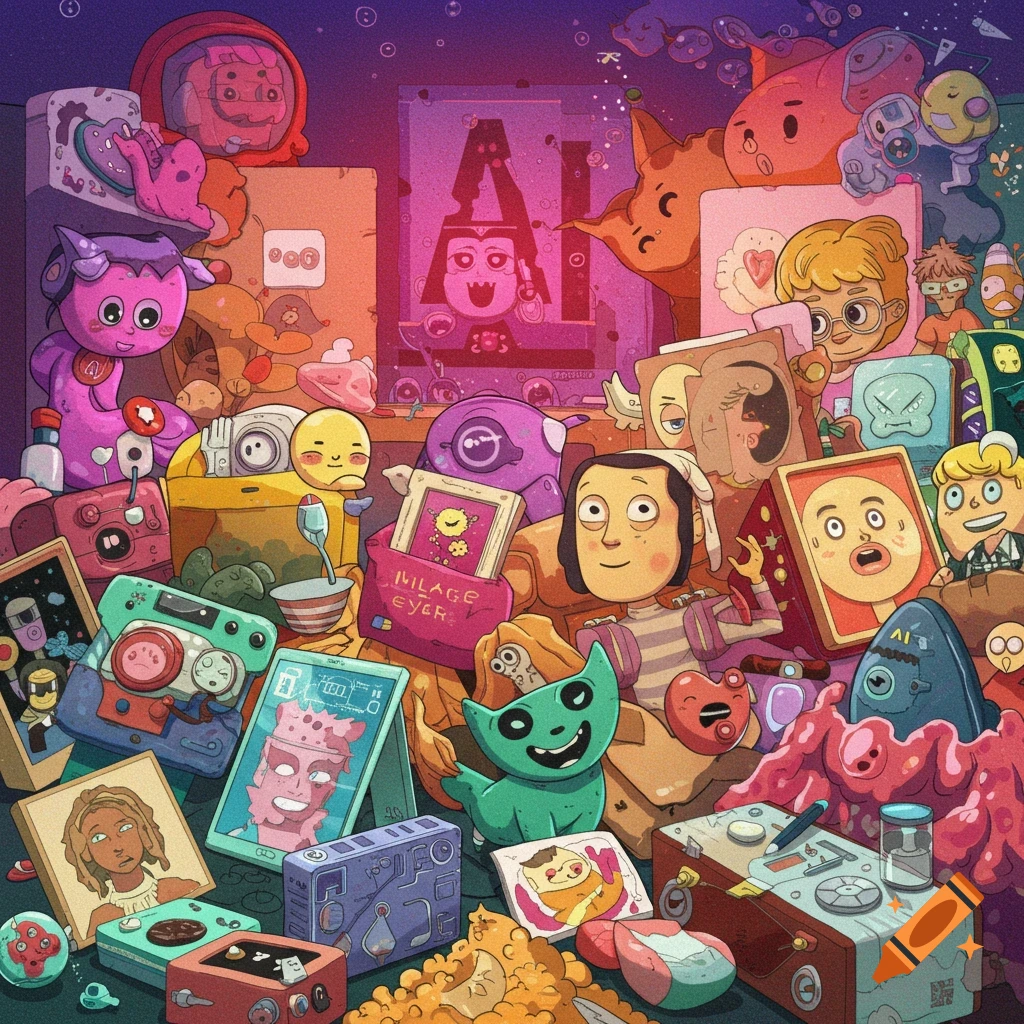 Colorful cartoon of a pile of characters, gadgets, and screens with faces.