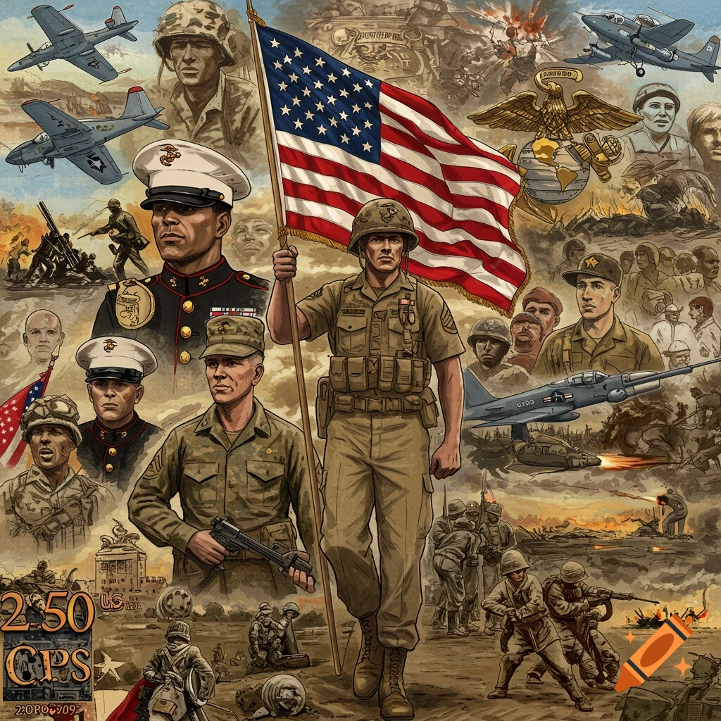 Collage depicting scenes from US Marine Corps history, including soldiers, aircraft, tanks, battle, and the American flag.