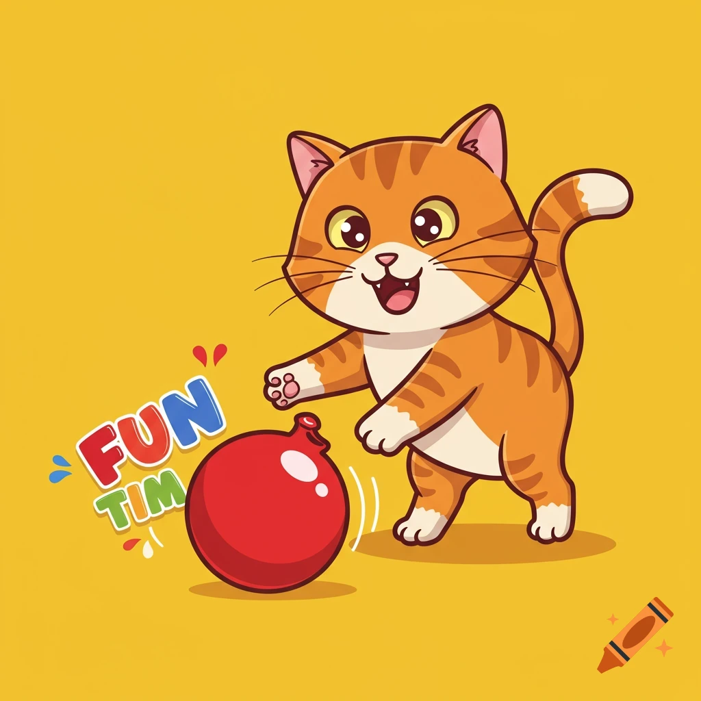 A cartoon orange cat plays with a red ball. Text next to it reads "FUN TIM".