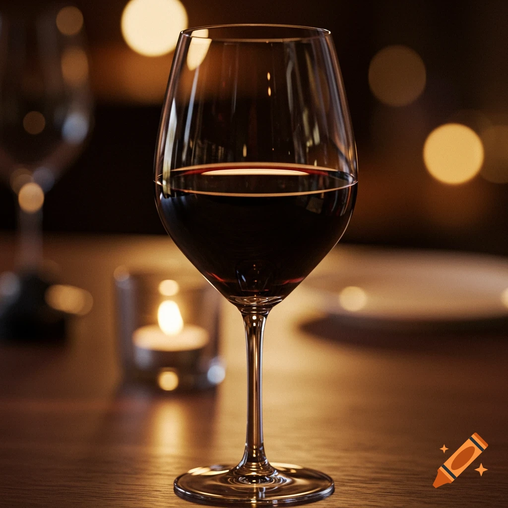 A glass of red wine sits on a table with a candle and blurred lights in the background.