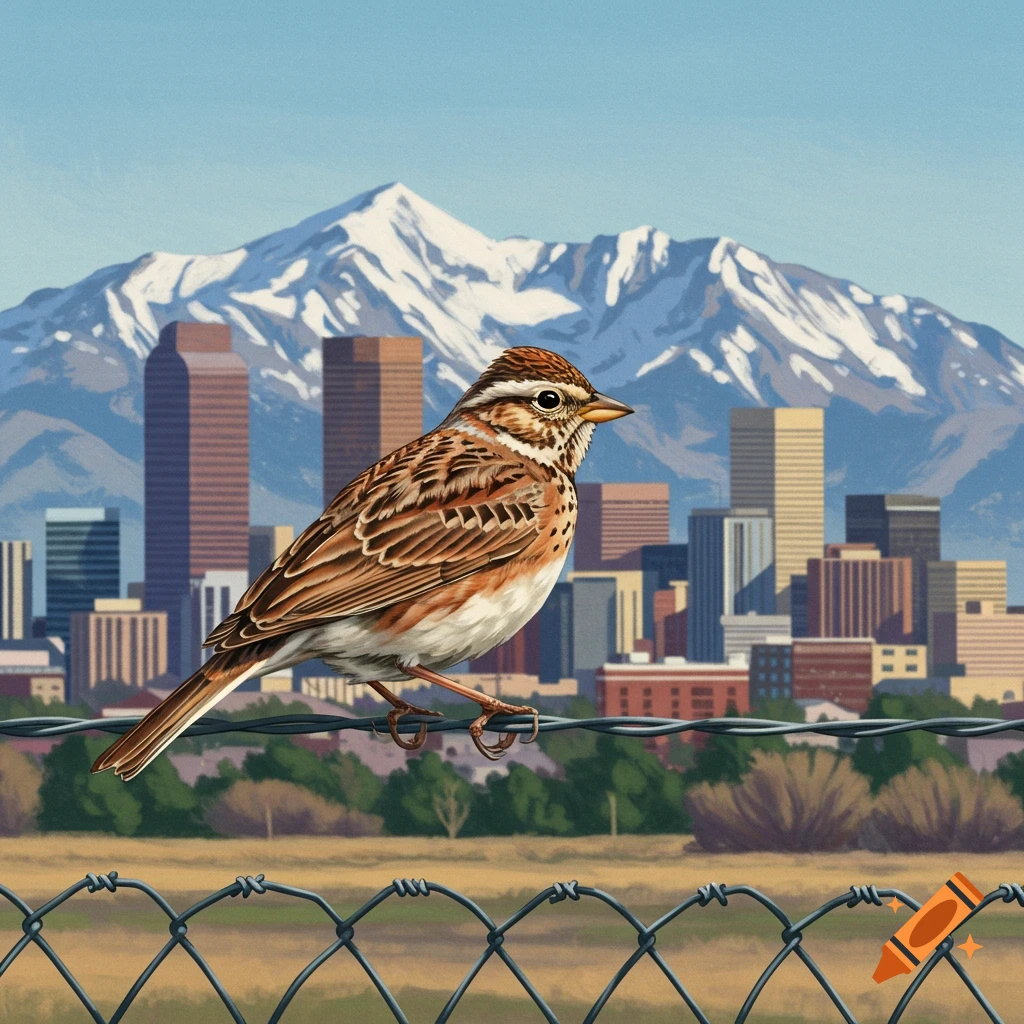 A lark bunting on a fence in front of a city skyline and snow-capped mountains.