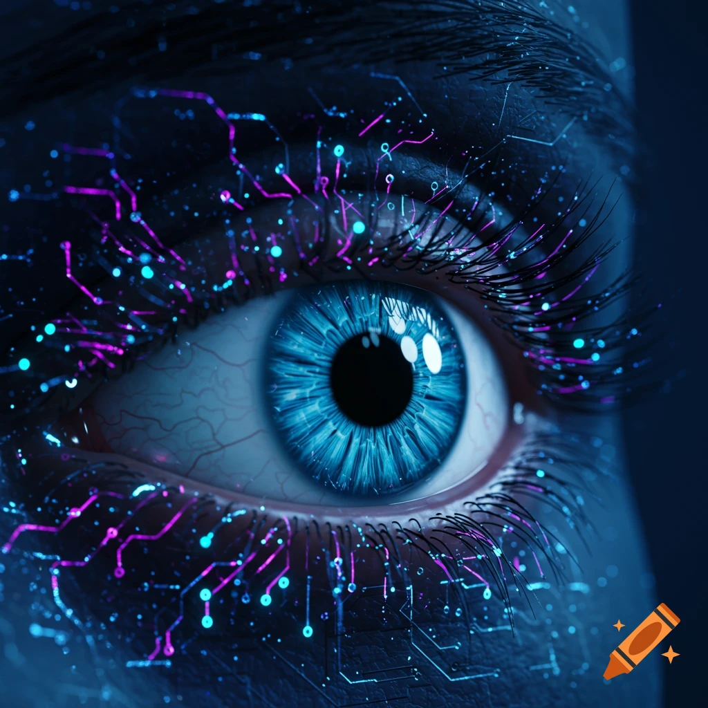 Close-up of a blue eye with glowing blue and purple circuit patterns around it.