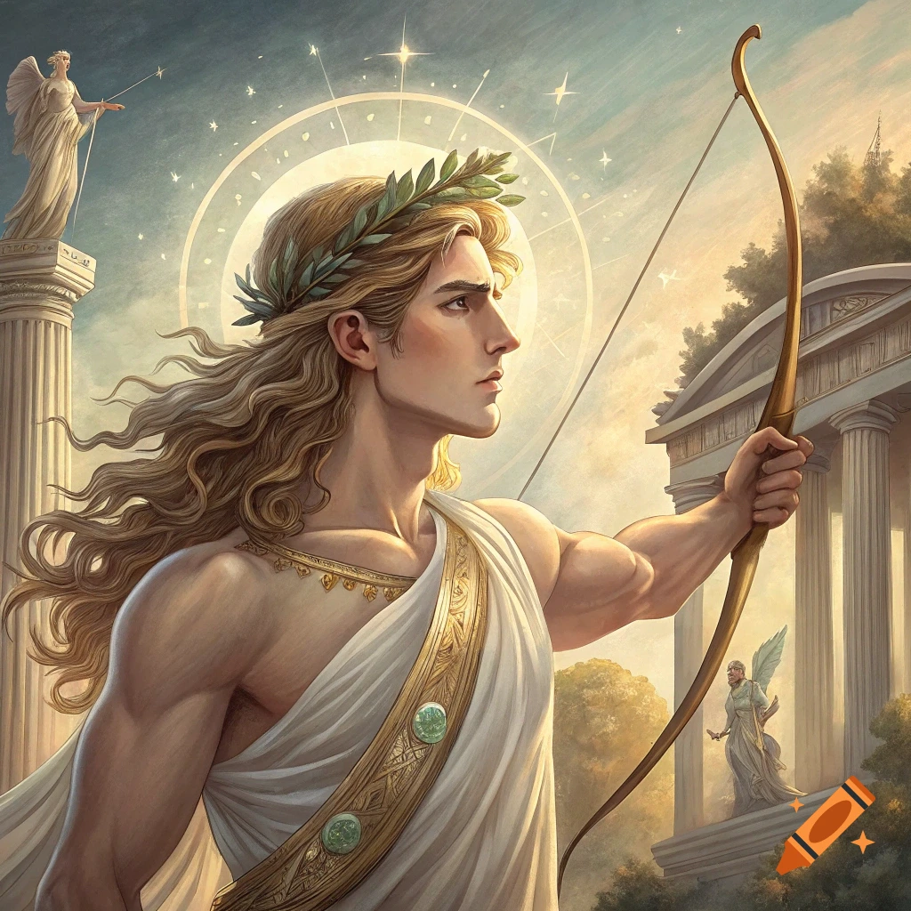 Illustration of the Greek god Apollo with a bow and arrow in a classical temple setting.