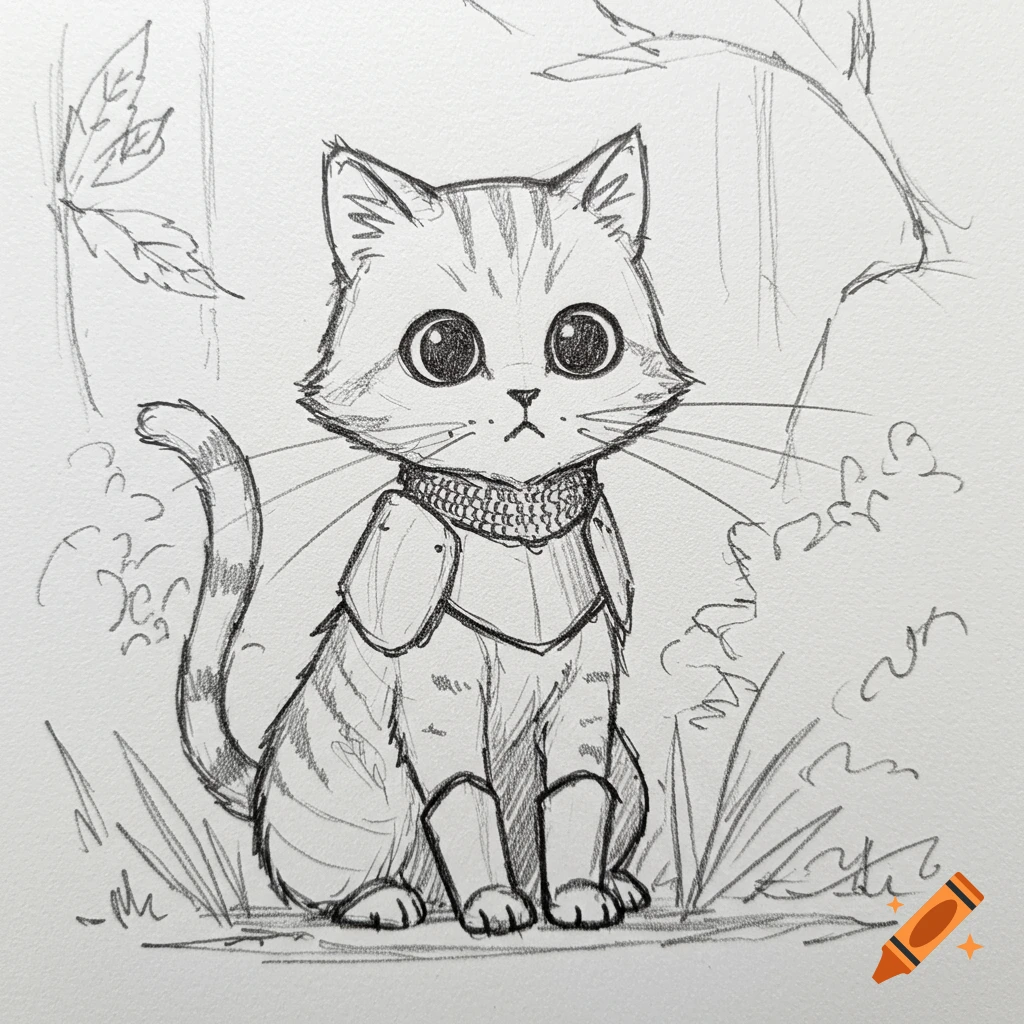 Pencil sketch of a cute cat wearing medieval armor.