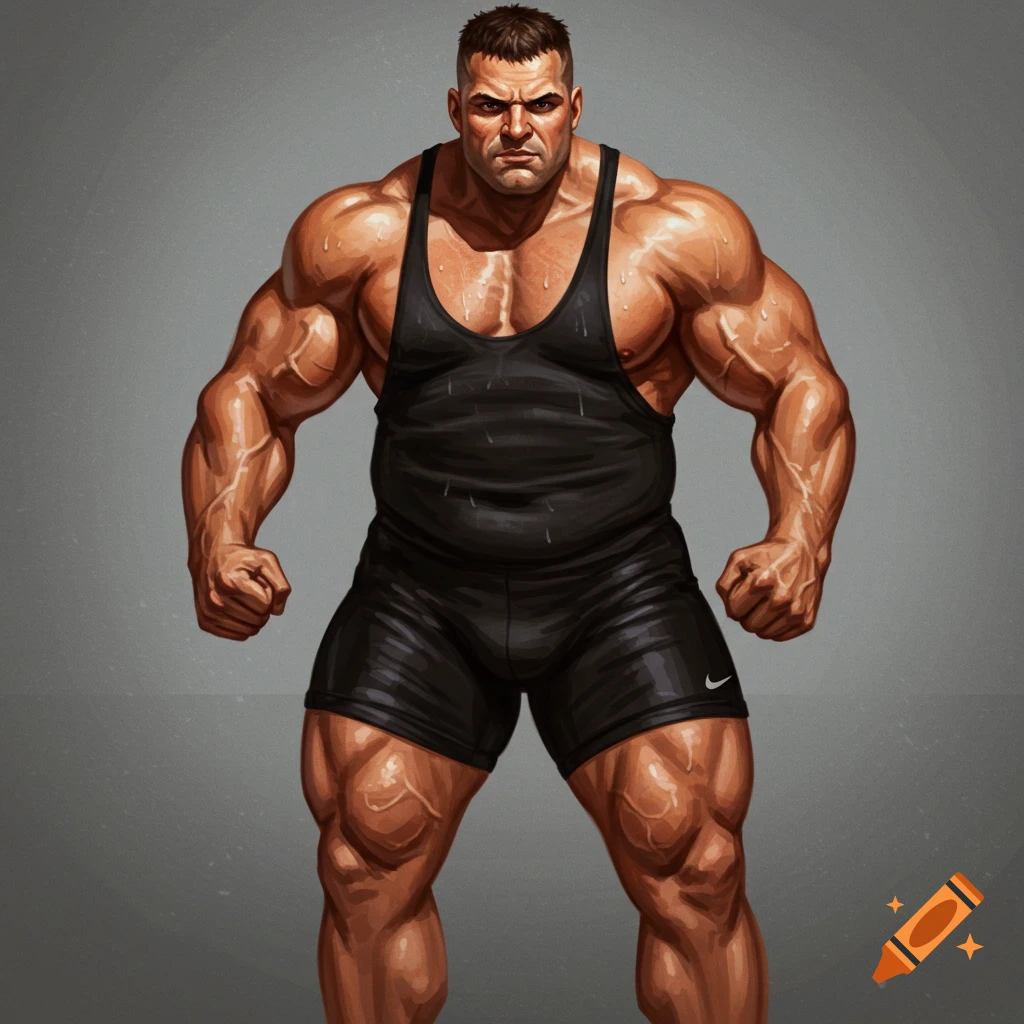 Image of a very muscular man in a black tank top and shorts