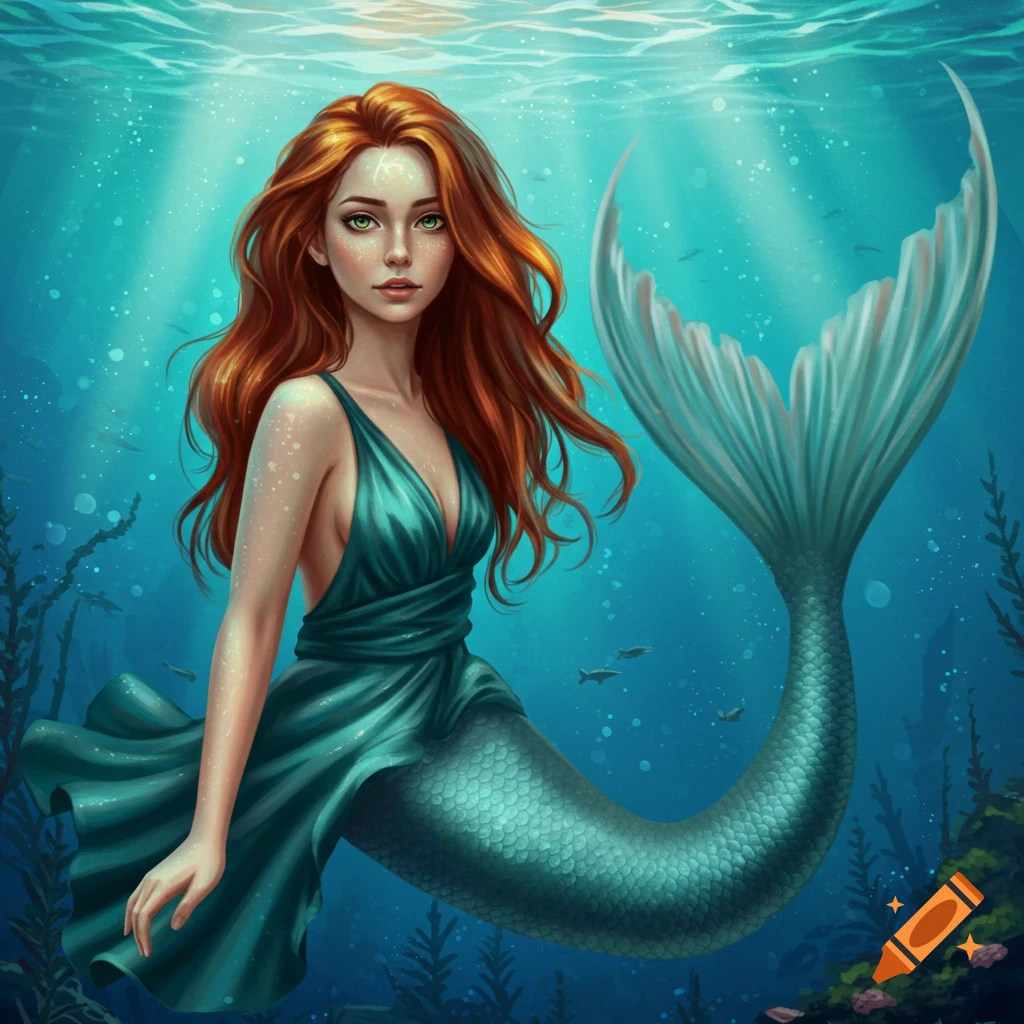 A red-haired mermaid in a teal dress underwater.