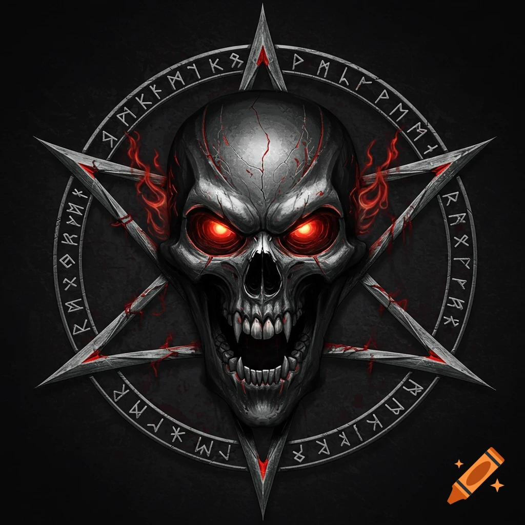 A detailed skull with red eyes and blood-like cracks centered on a pentagram surrounded by runes.