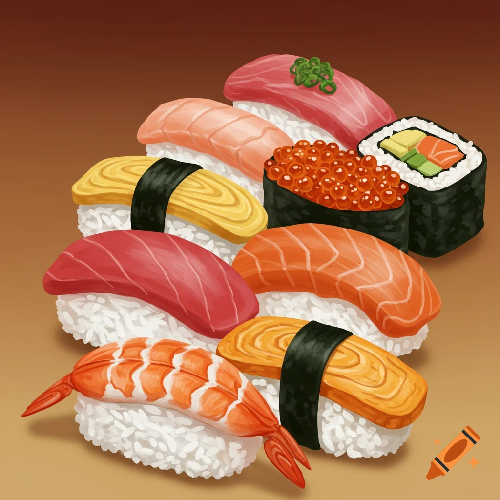 An image showing various pieces of sushi, including nigiri, maki, and gunkanmaki.