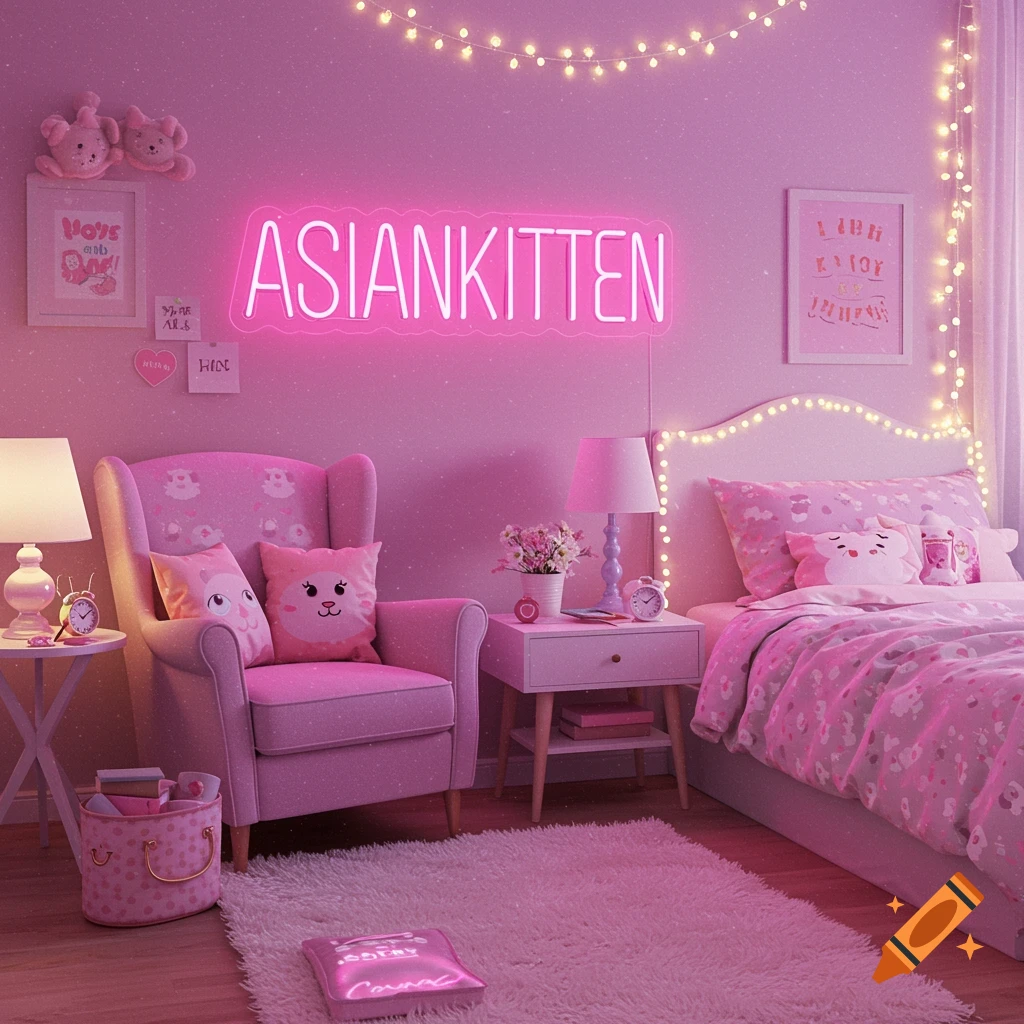 A pink teenage girl's bedroom with an 'ASIANKITTEN' neon sign, armchair, bed, and fairy lights.