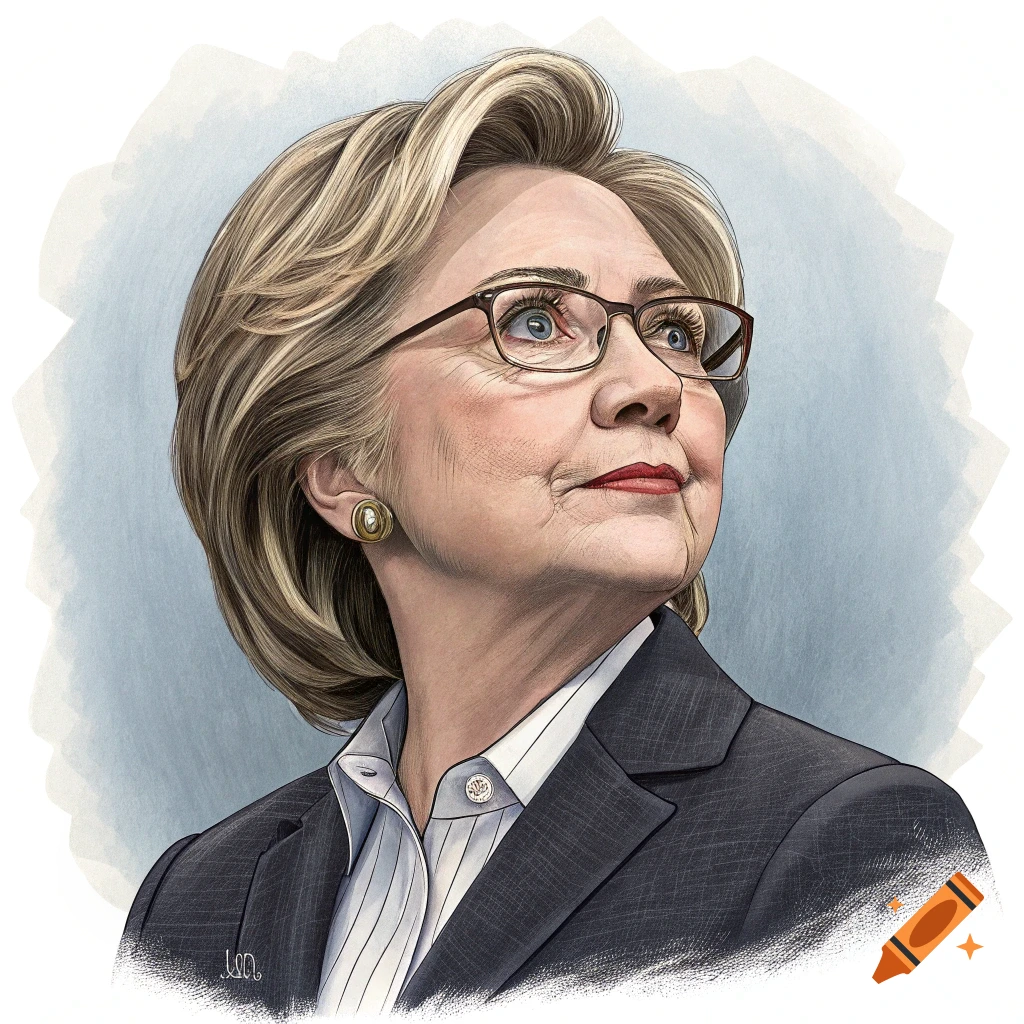 Illustration of a woman resembling Hillary Clinton looking up, wearing glasses and a suit, with a watercolor background.