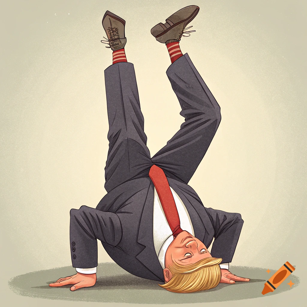 Illustration of a man in a suit doing a headstand, styled like a political cartoon.