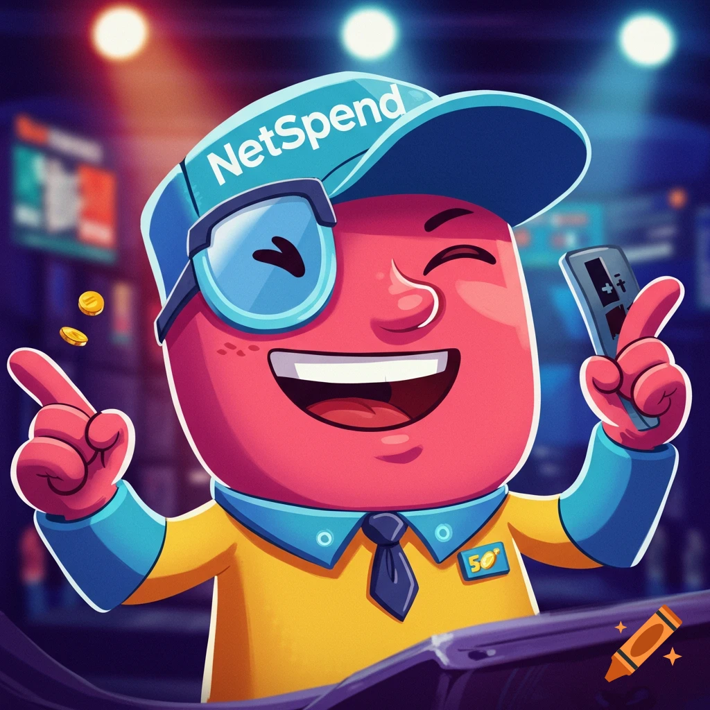 A cartoon character wearing a NetSpend cap points and holds a remote, with coins floating.