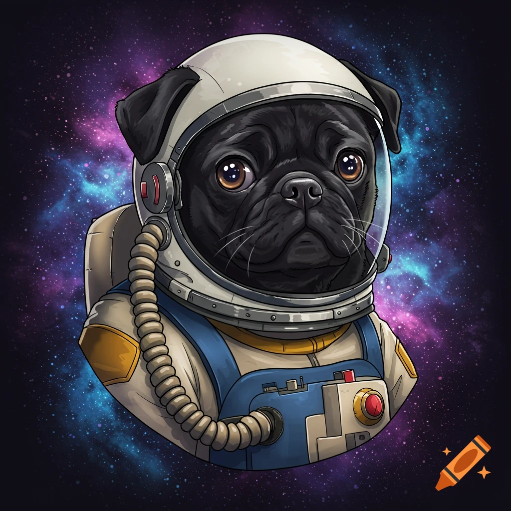A black pug wearing an astronaut suit stands against a colorful galaxy background.