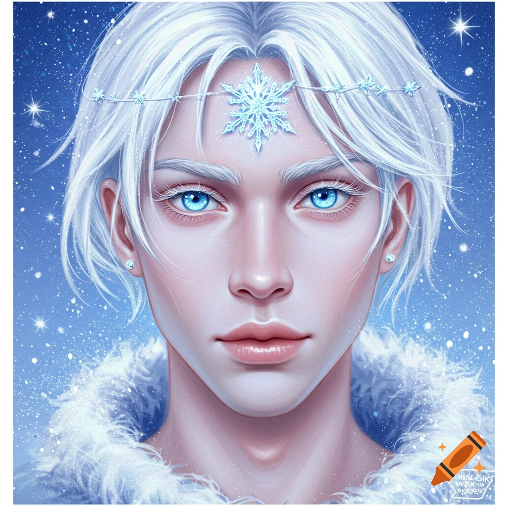A person with white hair, blue eyes, and a snowflake circlet stands against a snowy blue background.