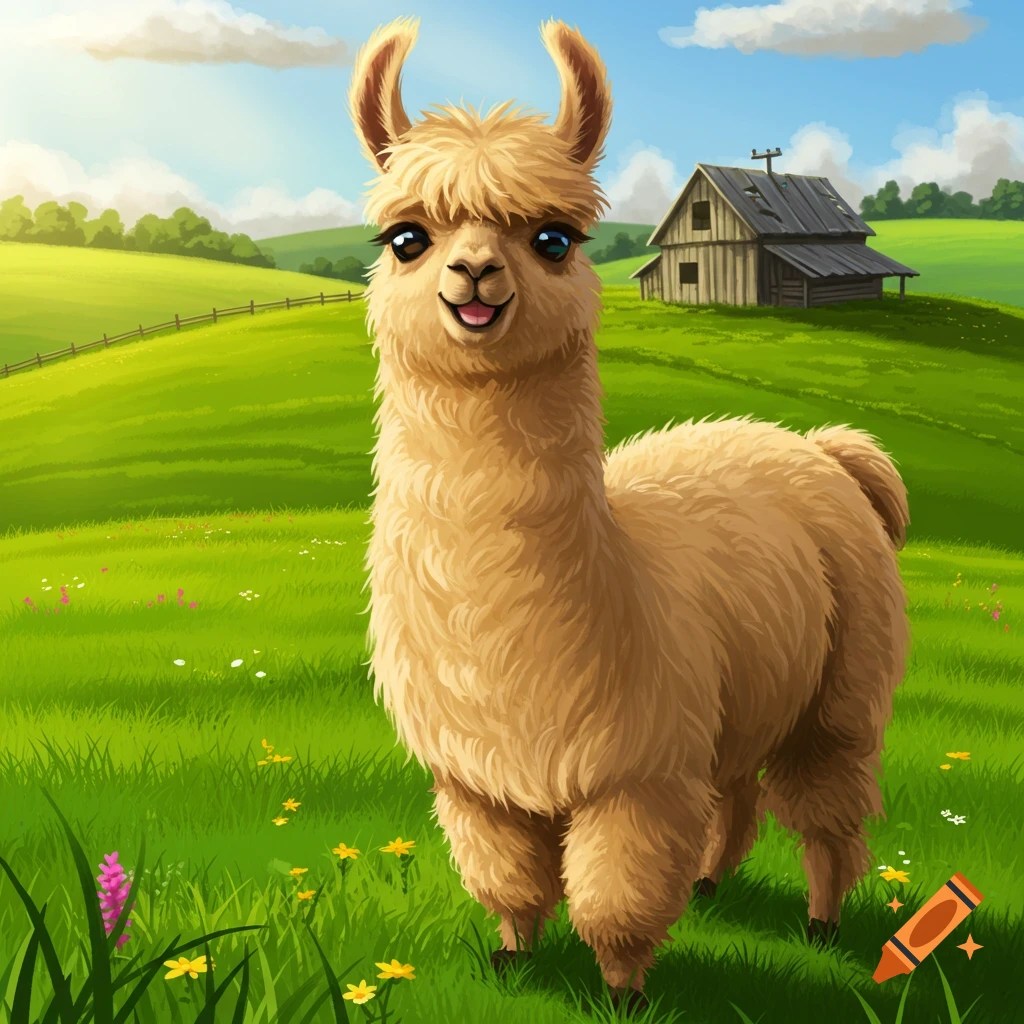 A cute llama stands in a grassy field on a farm under a blue sky.