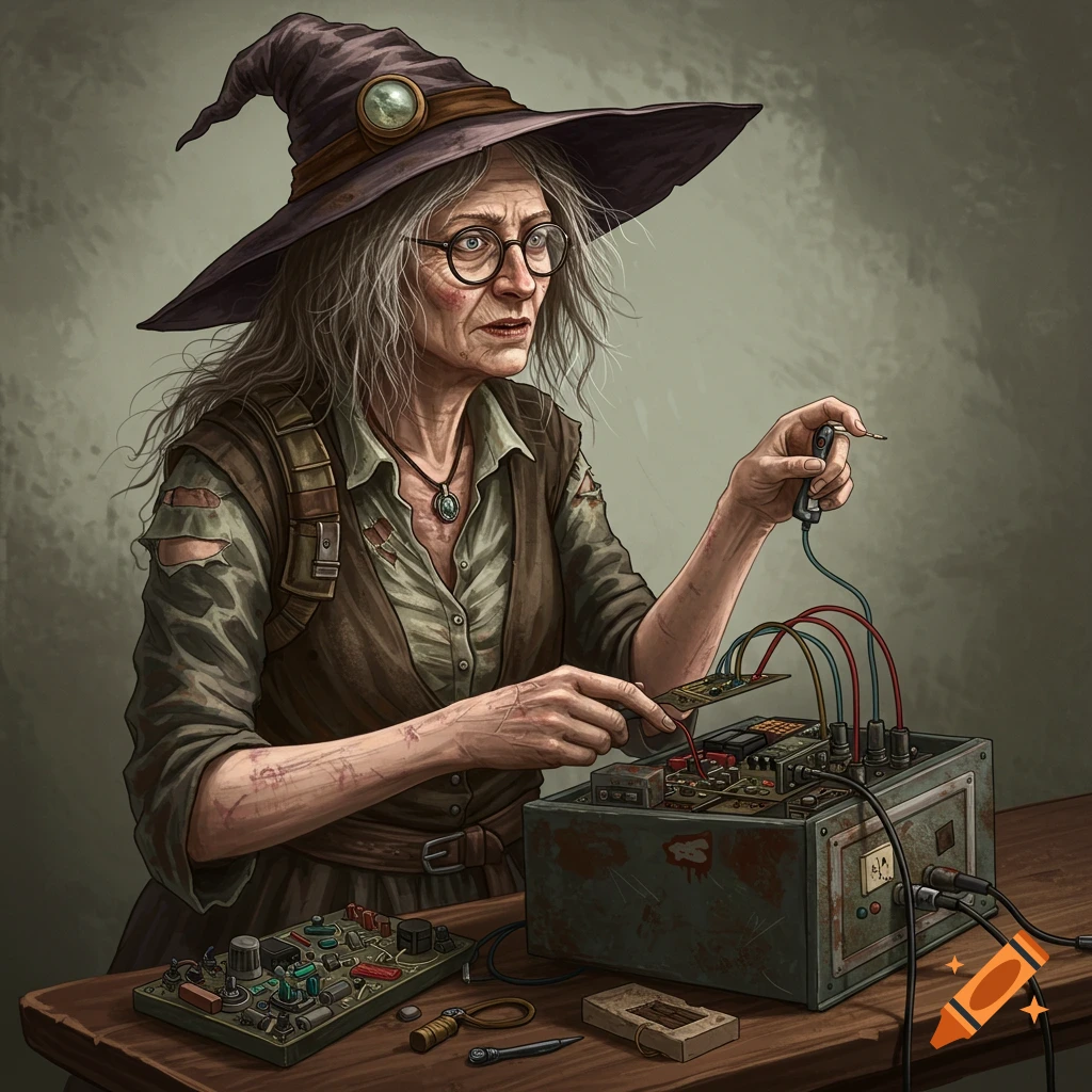 Illustration of an old woman in a witch hat working on complex electronic components.