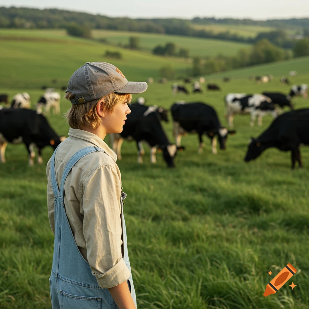 Preteen boy in overalls and cap looking at cows in a sunny rural field