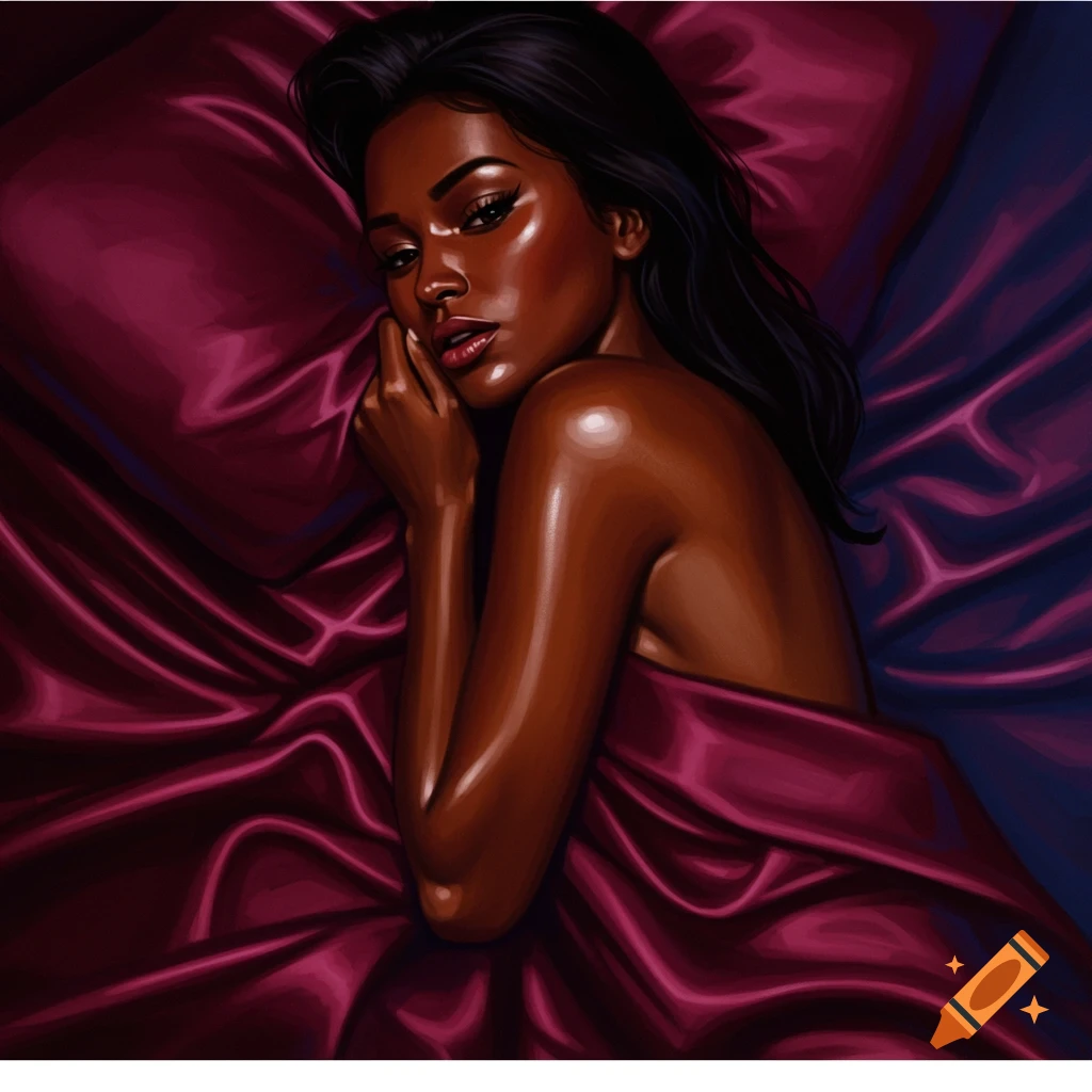 A woman is lying in crimson satin sheets.