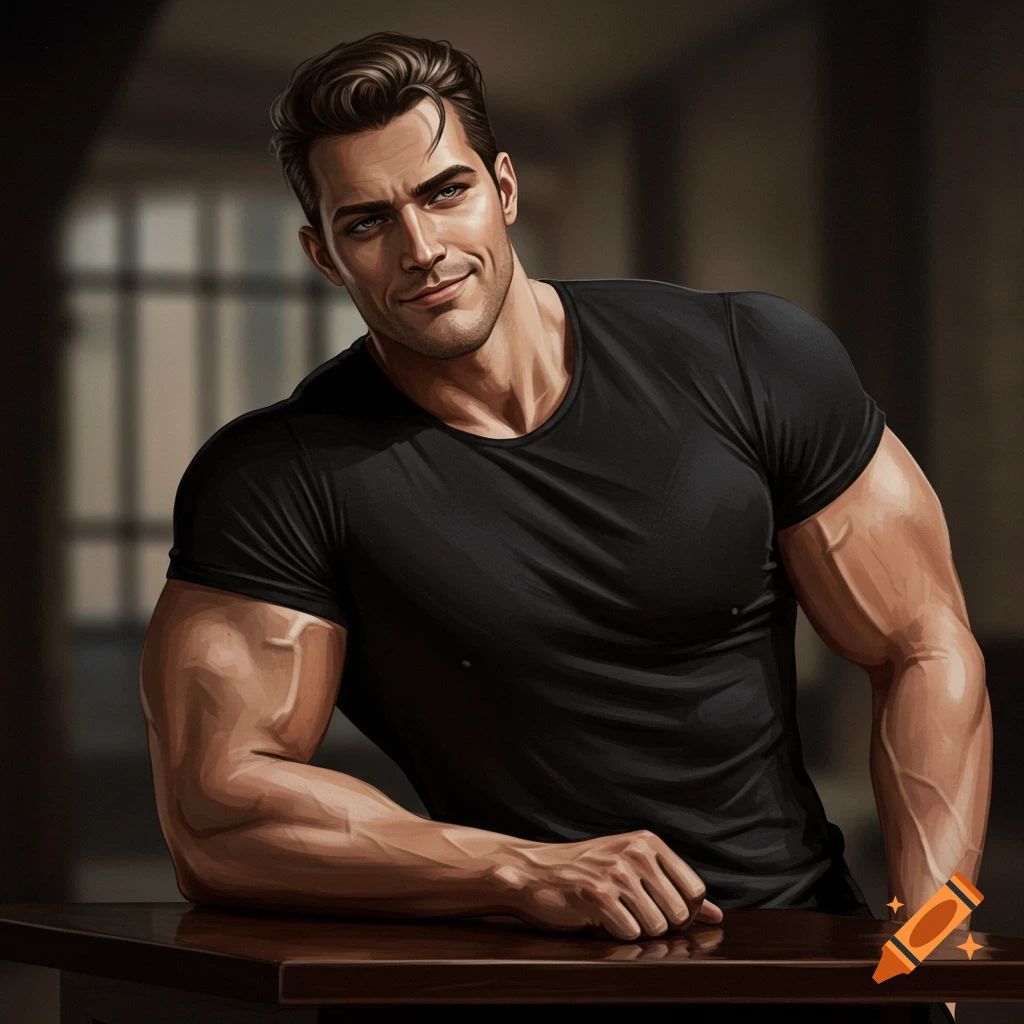 A muscular man in a black shirt leaning on a table.