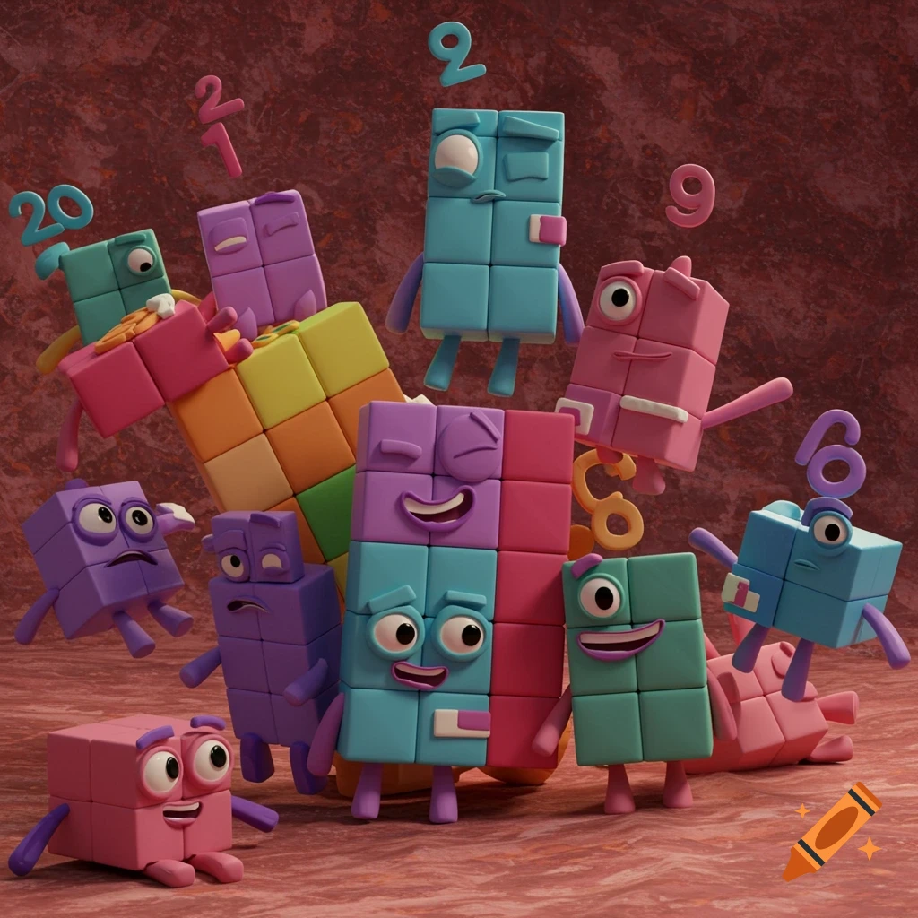 Surreal depiction of colorful block characters resembling Numberblocks with numbers floating around them.