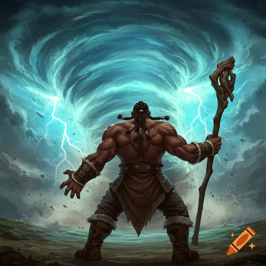 A fantasy character with a staff stands with his back to the viewer, controlling a swirling storm.