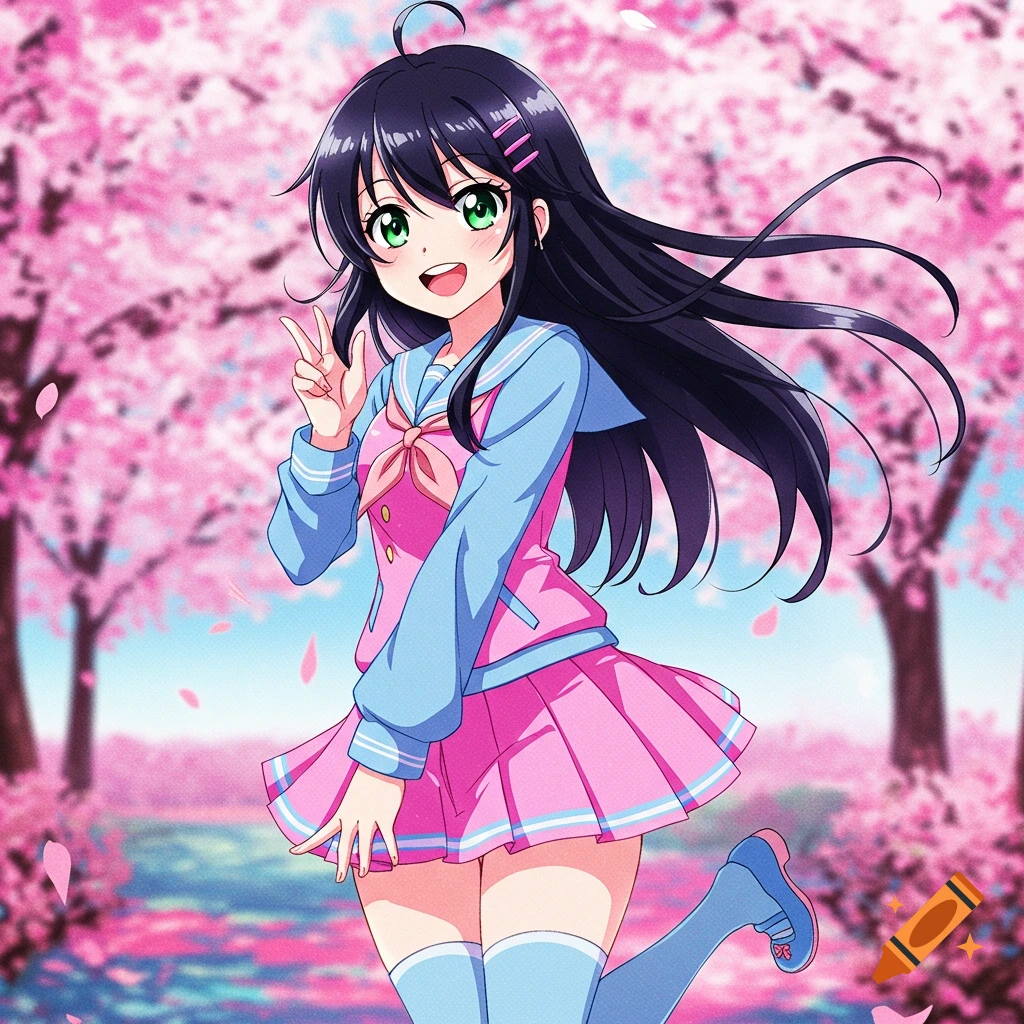 Anime girl in school uniform giving peace sign among cherry blossoms