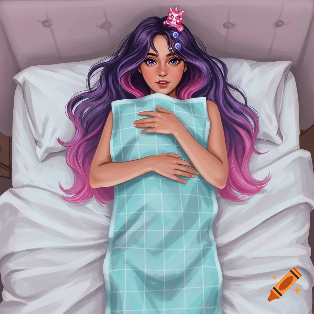 A girl with purple and pink hair is lying in bed, hugging a blue blanket.