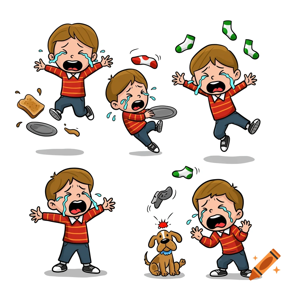 Cartoon illustration showing multiple crying boys in various poses with objects like toast, plates, socks, and a small dog.