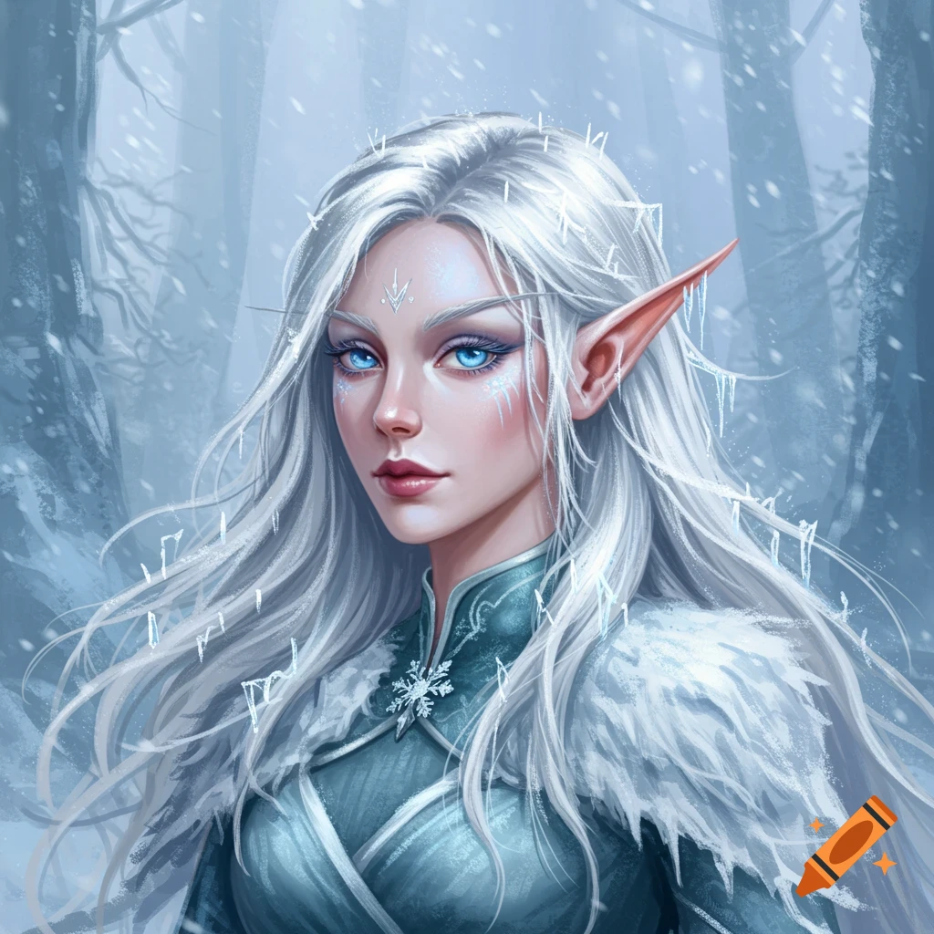 A snow elf with silver hair and blue eyes stands in a snowy forest.