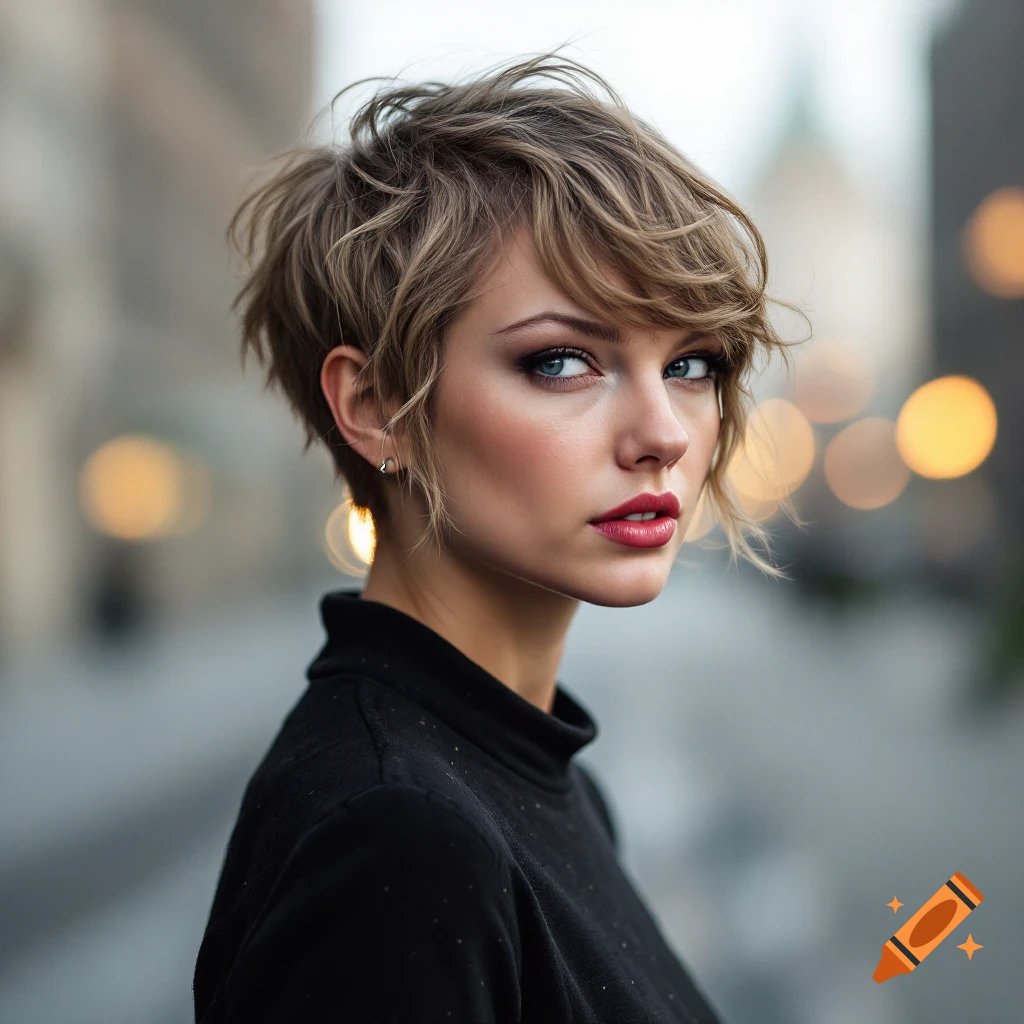 Close-up photorealistic portrait of a woman with short wavy hair looking directly at the camera.