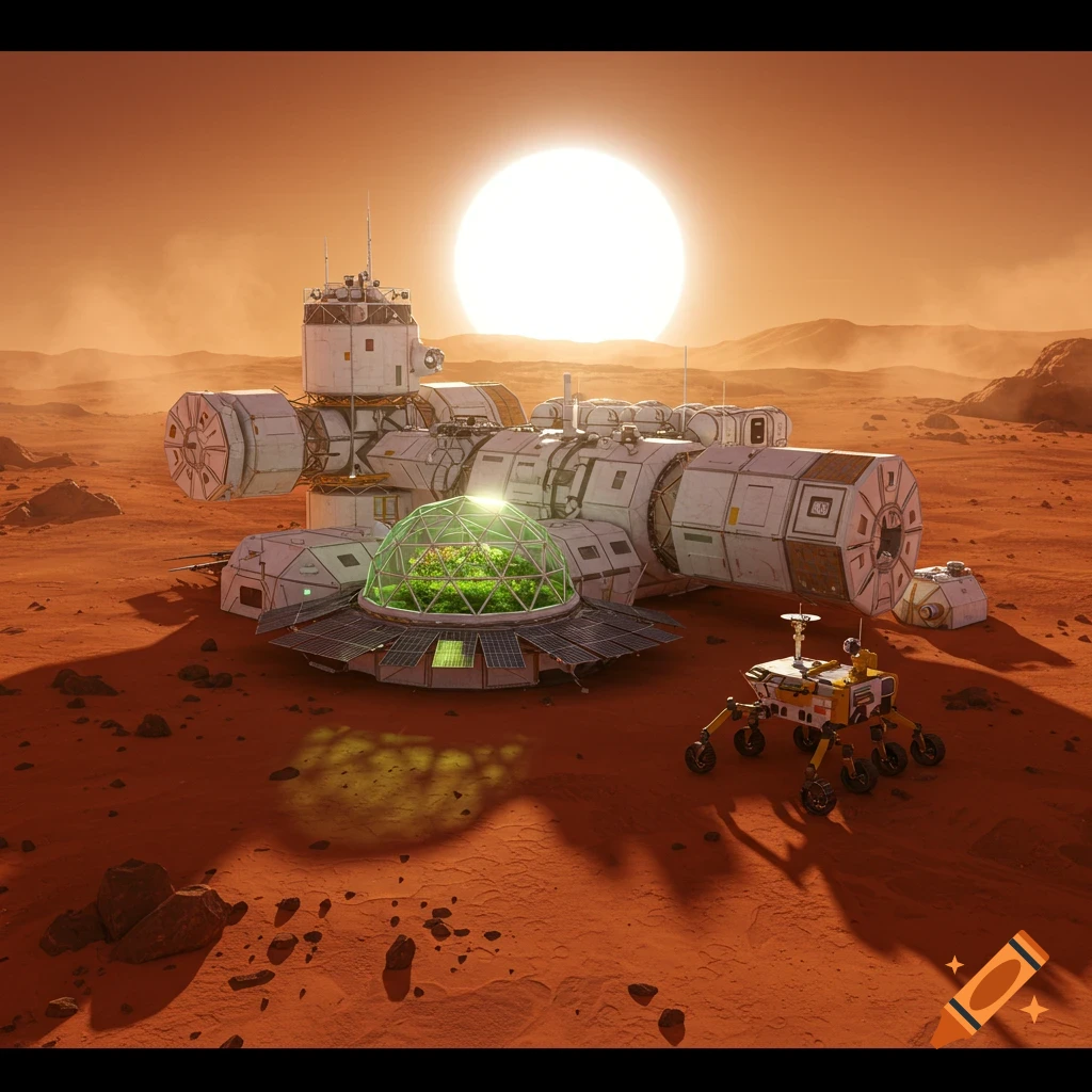 A futuristic Mars habitat with a greenhouse dome and rover on the red planet surface under a bright sun.