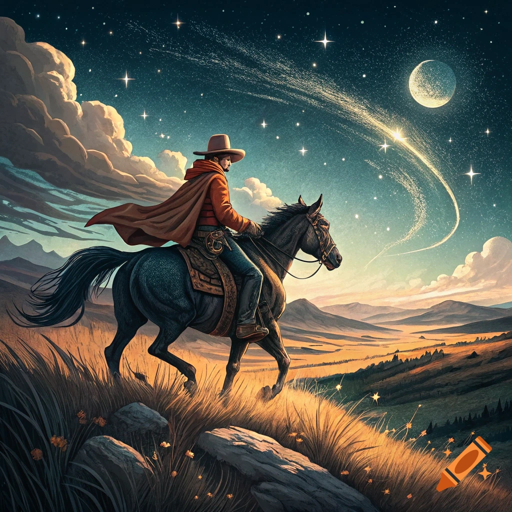 A cowboy rides a horse through a grassy landscape under a starry night sky with a moon.